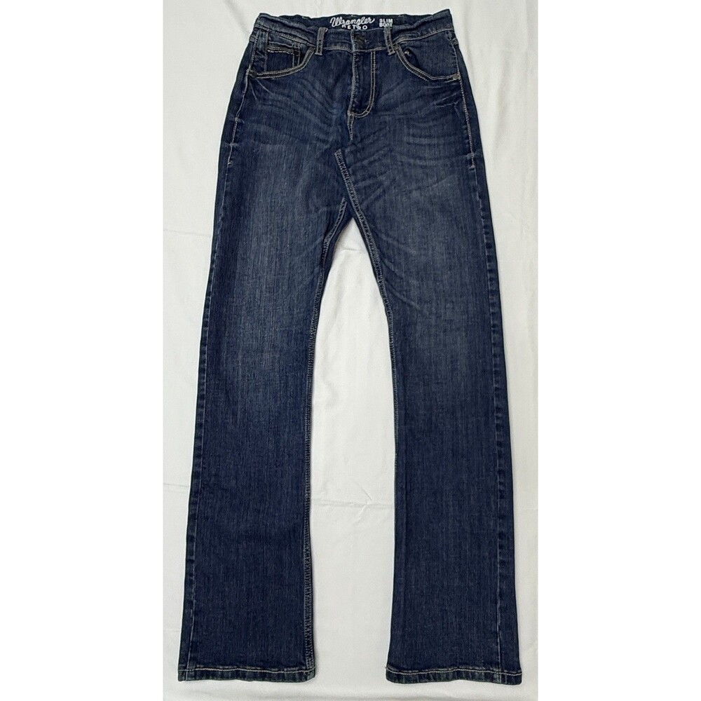 Wrangler Retro Men's 29x36 (Fits 29X35) Slim Boot Blue Jeans Leather Patch Denim